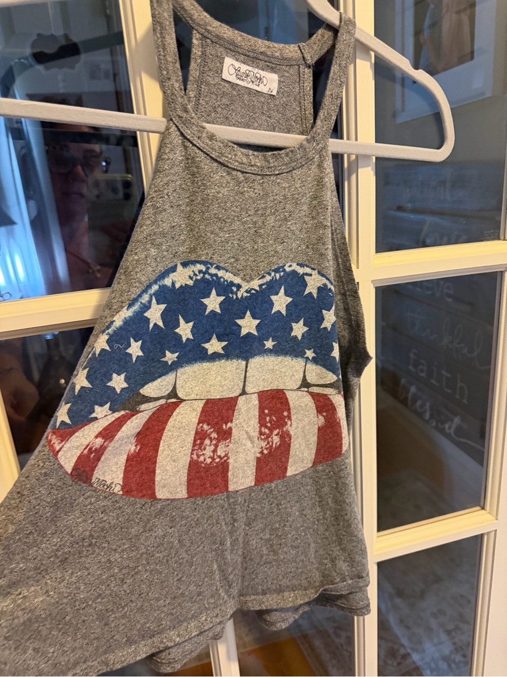 Lauren Moshi Grey Tank with Red, White & Blue Flag Lips Graphic